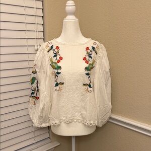FARM Rio Pitanga Embroidered Cotton Puff Sleeve Blouse Woman's Small